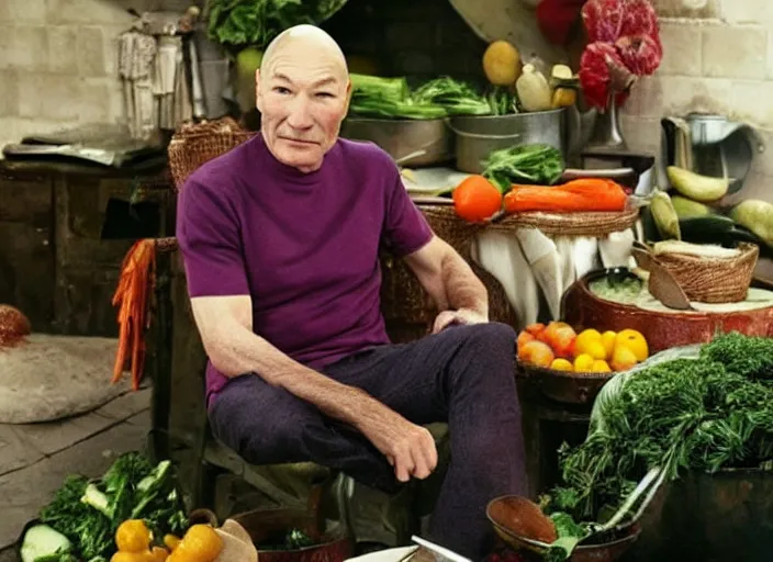 Prompt: patrick stewart sitting in a big pot of vegetable stew