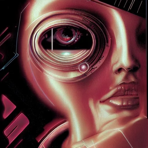 Image similar to Cyberpunk woman with eye implants, portrait shot, illustration, poster art by Drew Struzan