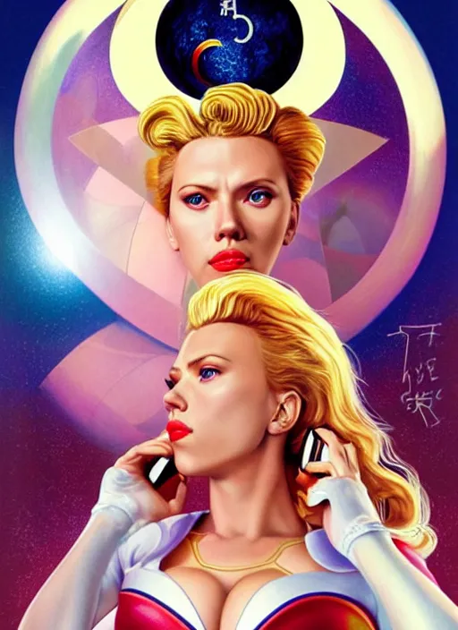 Image similar to perfectly centred realistic picture of scarlett johansson as a sailor moon, calls on the phone at futuristic office, highly detailed, 8 0 - s style poster, sharp focus, illustration, art by jonathan yeo,