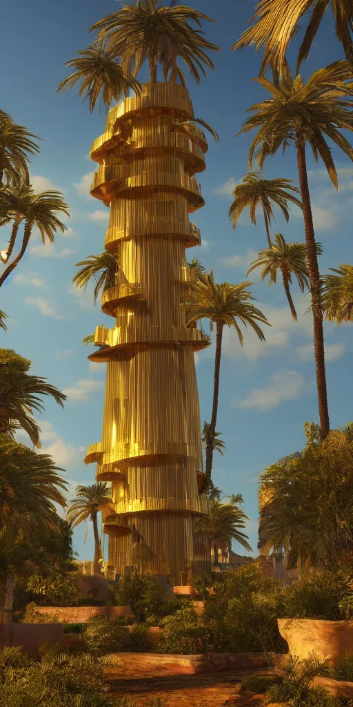 Prompt: eye level view of a contemporary golden detailed babylon tower, fantasy, golden hour, photorealism, arid mountains and palm forest, unreal engine