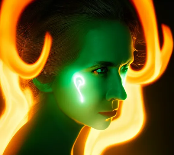 Image similar to portrait of a woman with horns made of flames and glowing green eyes, in the wisps of thick smoke, looking into the camera, studio photography, studio lighting, realistic render, octane render, 4 k, 8 k, face in focus