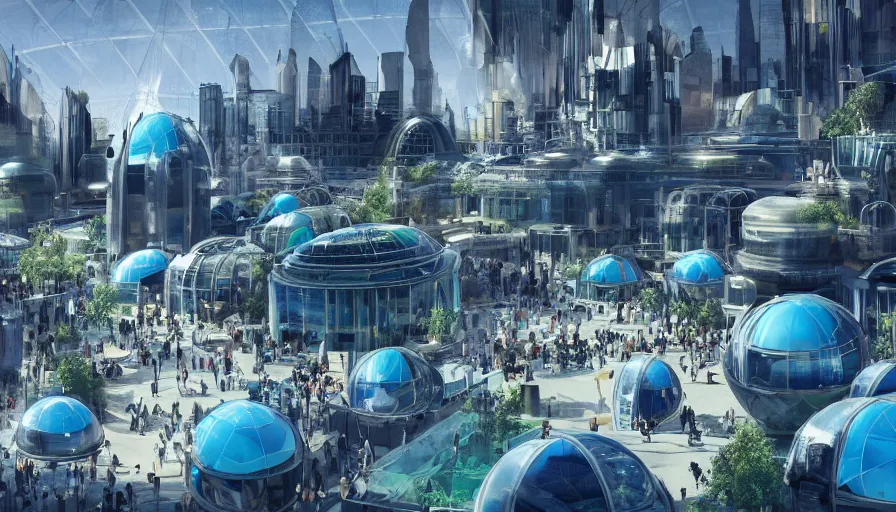 Prompt: futuristic london's zoo with blue glass domes, crowded place with shops and marble fountain, sunny day, hyperdetailed, artstation, cgsociety, 8 k