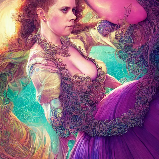 Image similar to the portrait of chaotic neutral colorful female amy adams as absurdly beautiful, gorgeous, elegant, playful, sensual woman, an ultrafine hyperdetailed illustration by kim jung gi, irakli nadar, intricate linework, bright colors, octopath traveler, final fantasy, unreal engine 5 highly rendered, global illumination, radiant light, detailed and intricate environment