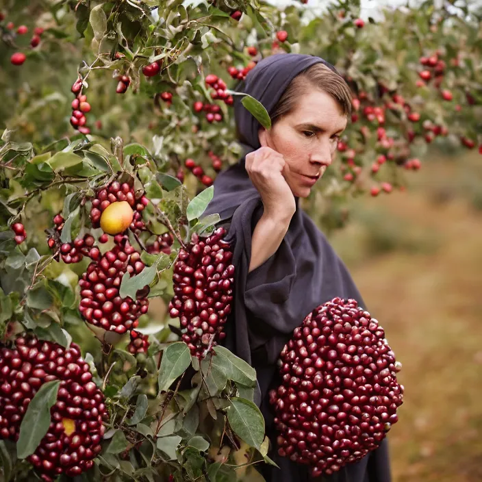 Image similar to a closeup portrait of a woman wearing a cloak made of tangled twisted knotted iridescent ribbon, picking pomegranates from a tree in an orchard, foggy, moody, photograph, by vincent desiderio, canon eos c 3 0 0, ƒ 1. 8, 3 5 mm, 8 k, medium - format print