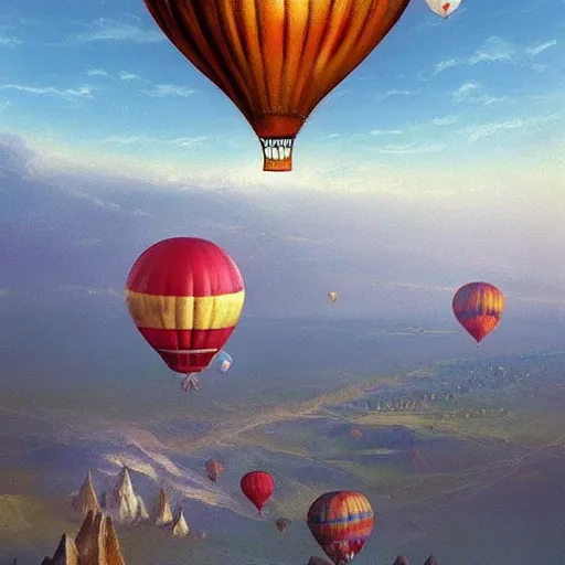 Prompt: a dog flying in a balloon in cappadocia by greg rutkowski and thomas kinkade, trending on artstation, 3 d art station