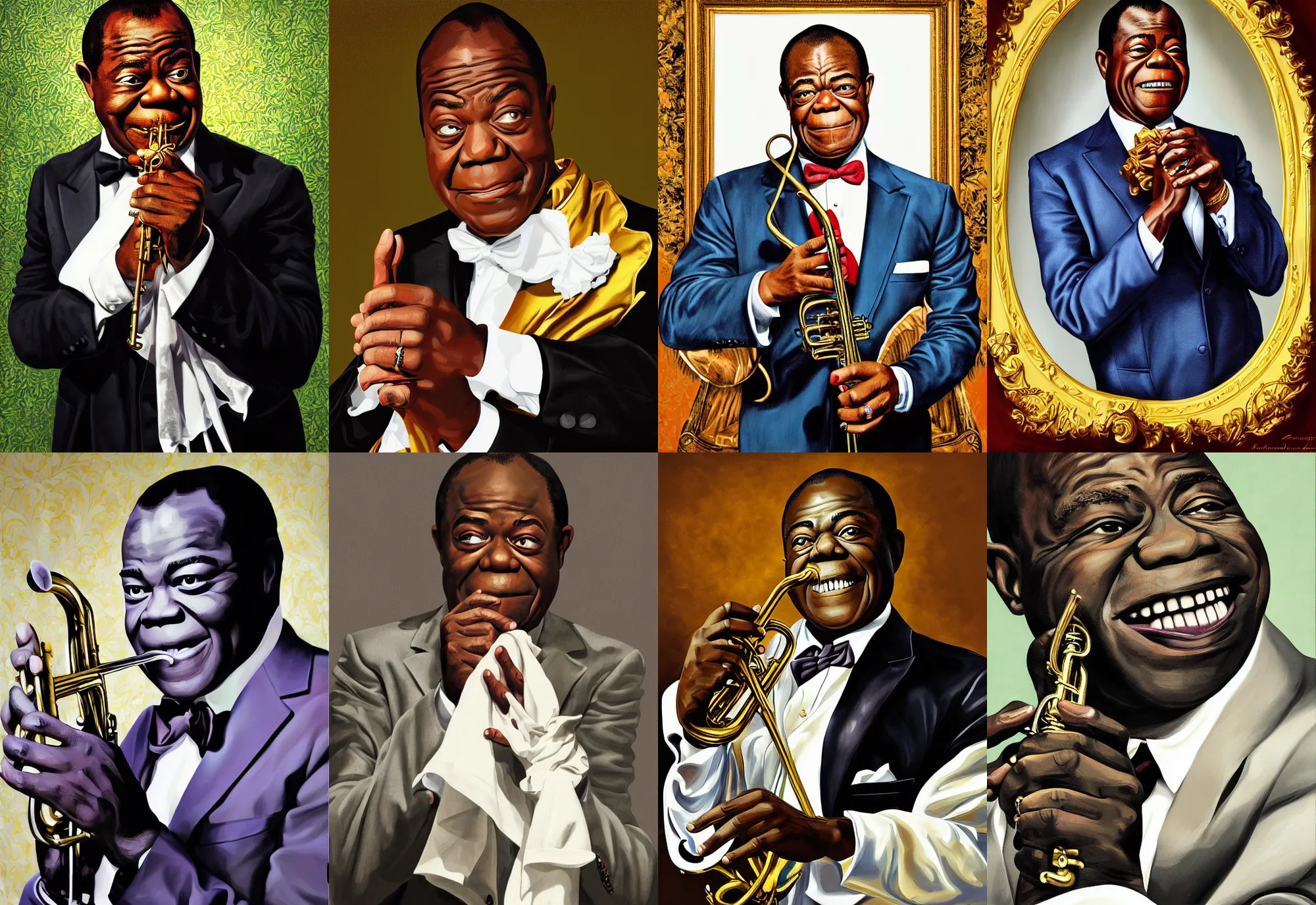 Prompt: a portrait of louis armstrong holding a white handkerchief, by kehinde wiley, dramatic lighting, highly detailed digital painting