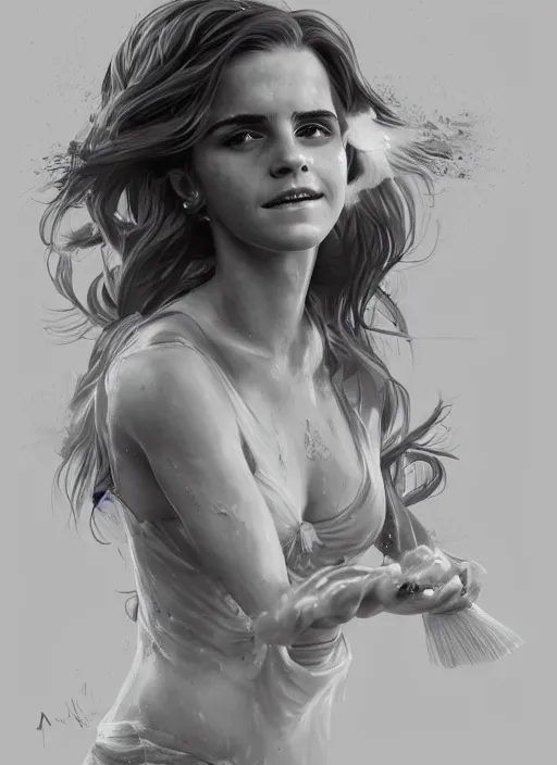 Prompt: a highly detailed illustration of emma watson washing hair, dramatic smiling pose, perfect face, intricate, elegant, highly detailed, centered, digital painting, artstation, concept art, smooth, sharp focus, league of legends concept art, wlop