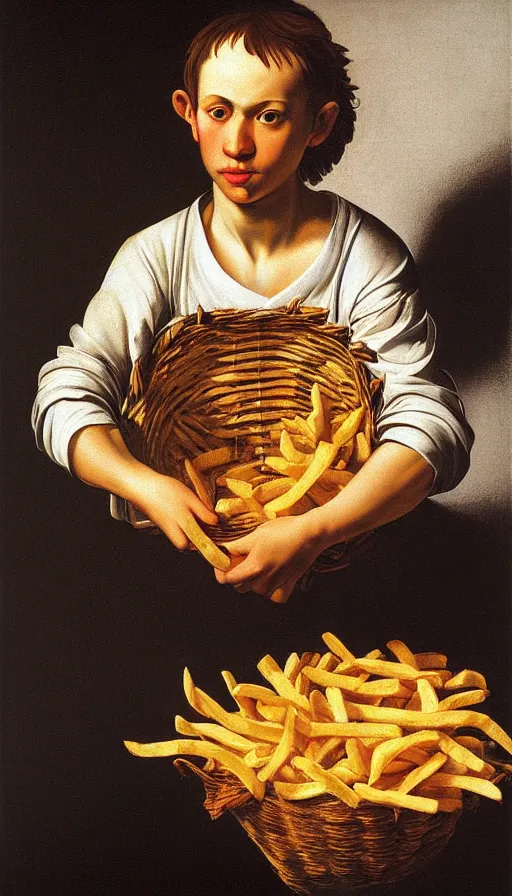 Prompt: hyperrealistic still life painting of a young man with a basket of fries, by Caravaggio, botanical print