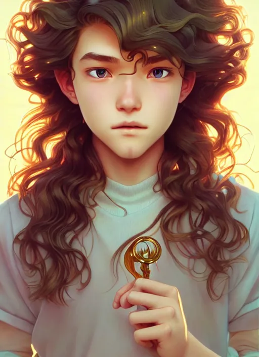 Image similar to teenager with medium - length, curly, golden hair, aquamarine eyes, natural lighting, path traced, highly detailed, high quality, cartoon, digital painting, by new haicheng and ross tran and studio ghibli and alphonse mucha