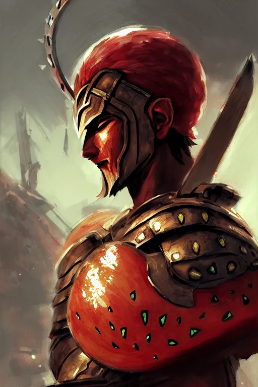 Prompt: a spartan king with a watermelon as shield, intricate, headshot, key visual, conceptart, ambient lighting, highly detailed, digital painting, artstation, concept art, sharp focus, by makoto shinkai and akihiko yoshida and greg manchess