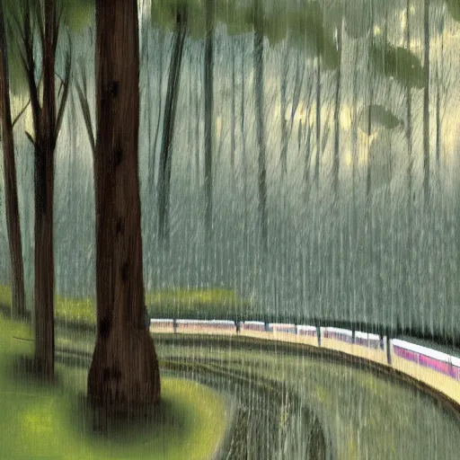 Prompt: painting of a woman who fell asleep during a train ride as it goes through a forest while it rains