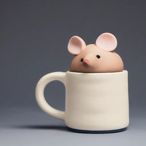 Prompt: a studio photoshoot of a collectible mug with fat mouse shape, special ceramic materials, Off-White, realistic, color film photography by Tlyer Mitchell, 35 mm, graflex