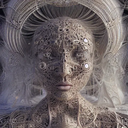 Prompt: beatifull frontal face portrait of a woman, mandelbrot fractal, symmetric, intricate, elegant, highly detailed, ornate, ornament, sculpture, elegant , luxury, beautifully lit, ray trace, octane render in the style of peter Gric and alex grey