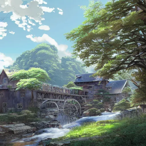 Image similar to concept art painting of a historic mill with european and japanese architecture, by a river, in a woodland village surrounded by trees and mountains, realistic, detailed, cel shaded, in the style of makoto shinkai and greg rutkowski and james gurney