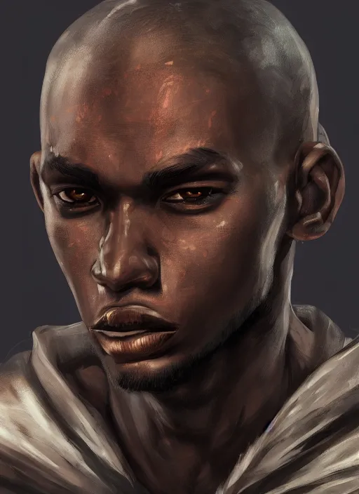 Prompt: An epic fantasy comic book style portrait painting of a skinny dark skinned thief who\'s good at martial arts, unreal 5, DAZ, hyperrealistic, octane render, cosplay, RPG portrait, dynamic lighting
