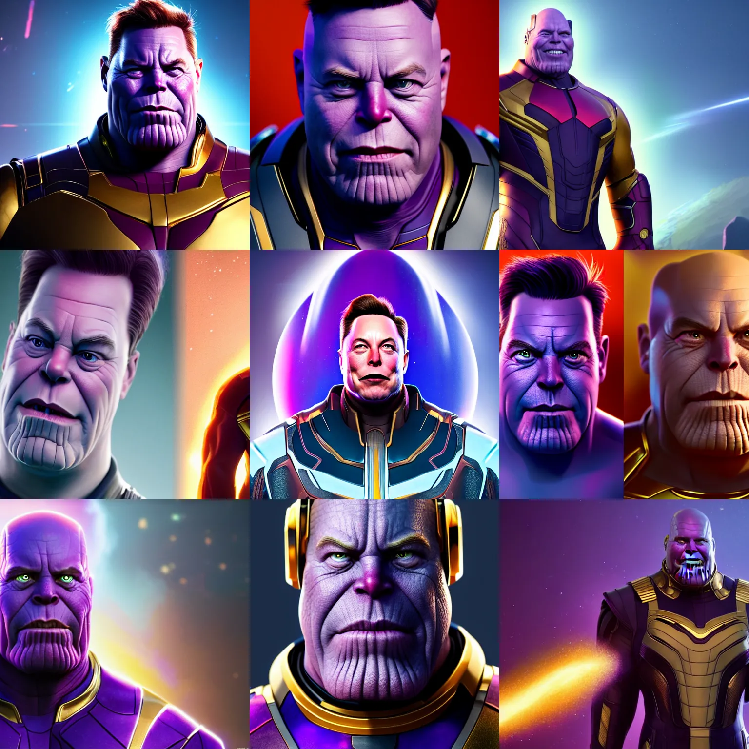 Image similar to a full character portrait of elon musk as thanos, the pixar adaptation, with same hairstyle, hyper detailed, digital art, trending in artstation, cinematic lighting, studio quality, smooth render, unreal engine 5 rendered, octane rendered