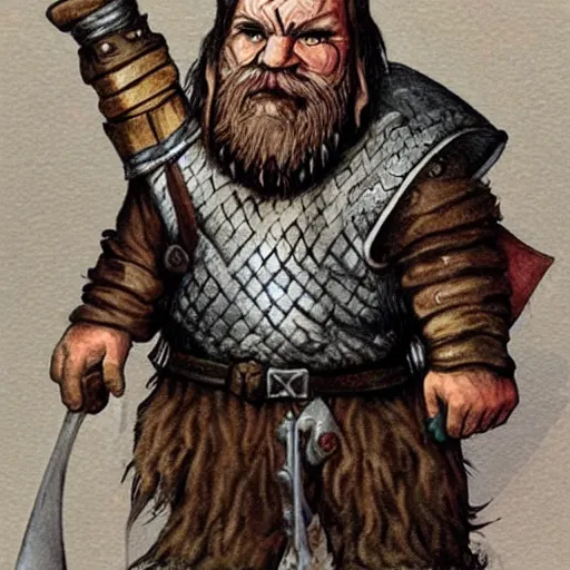 Prompt: dwarf cleric with burns on half of his face, and only half of his beard, plate mail, d&d, fantasy art