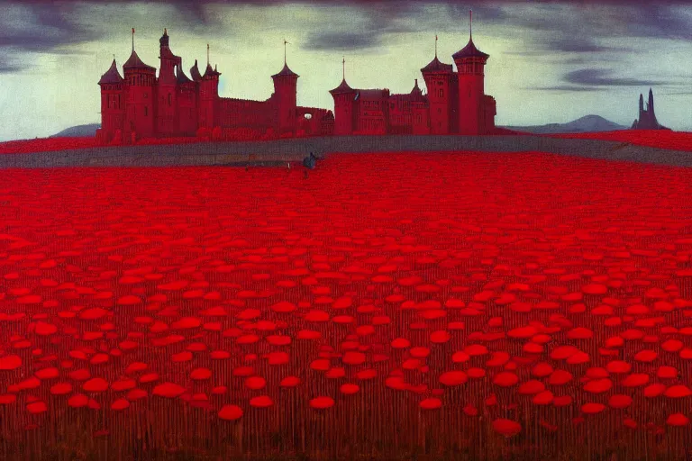 Image similar to only with red, red flowers of different types, red castle in background, red medieval goblins, in the style of beksinski, parts by edward hopper, parts by rodcenko, parts by yue minjun, intricate and epic composition, red by caravaggio, insanely quality, highly detailed, masterpiece, red light, artstation, 4 k