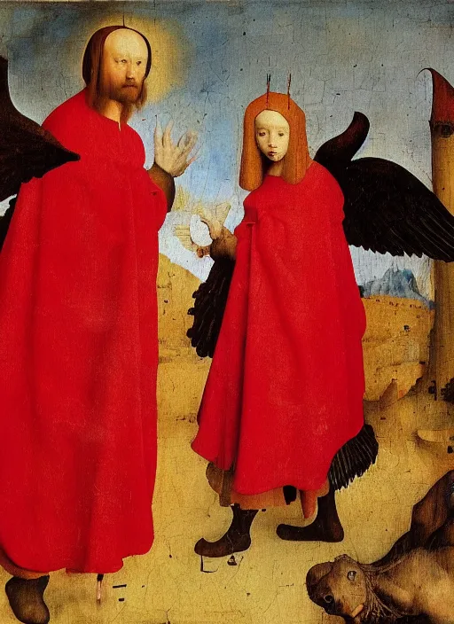 Image similar to fallen angels dressed in red with wings by Jan van Eyck, Hieronymus Bosch, Johannes Vermeer 4k post-processing, highly detailed medieval painting