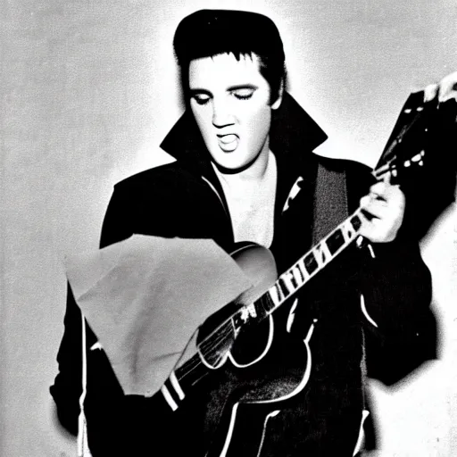 Prompt: a photo of elvis presley on stage performing with a brown paper bad over his head