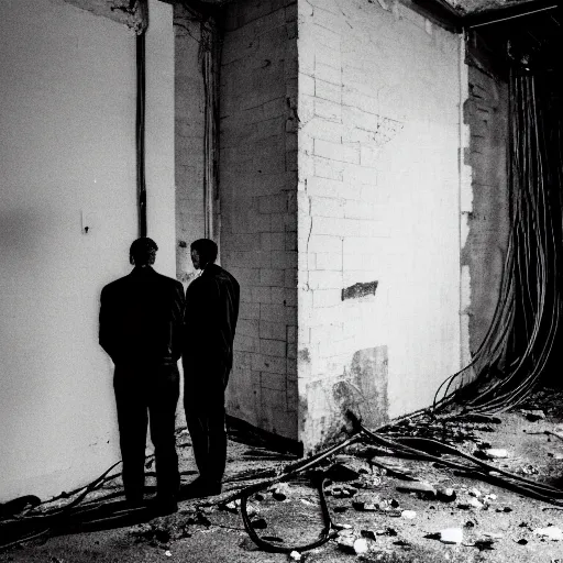 Prompt: two men in black, looking at a black hole in the dark grimy grungy basement of an abandoned apartment block, wires, cables, grainy black and white photography, 5 0 mm lens