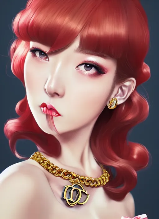 Image similar to a pin up and beautiful fashion dreamlke japan girl with lv jewelry, character art, art by artgerm, wlop, loish, hyperdetailed, 8 k realistic, symmetrical, global illumination, radiant light, frostbite 3 engine, cryengine, dof, trending on artstation, digital art, chanel, dior, detailed background