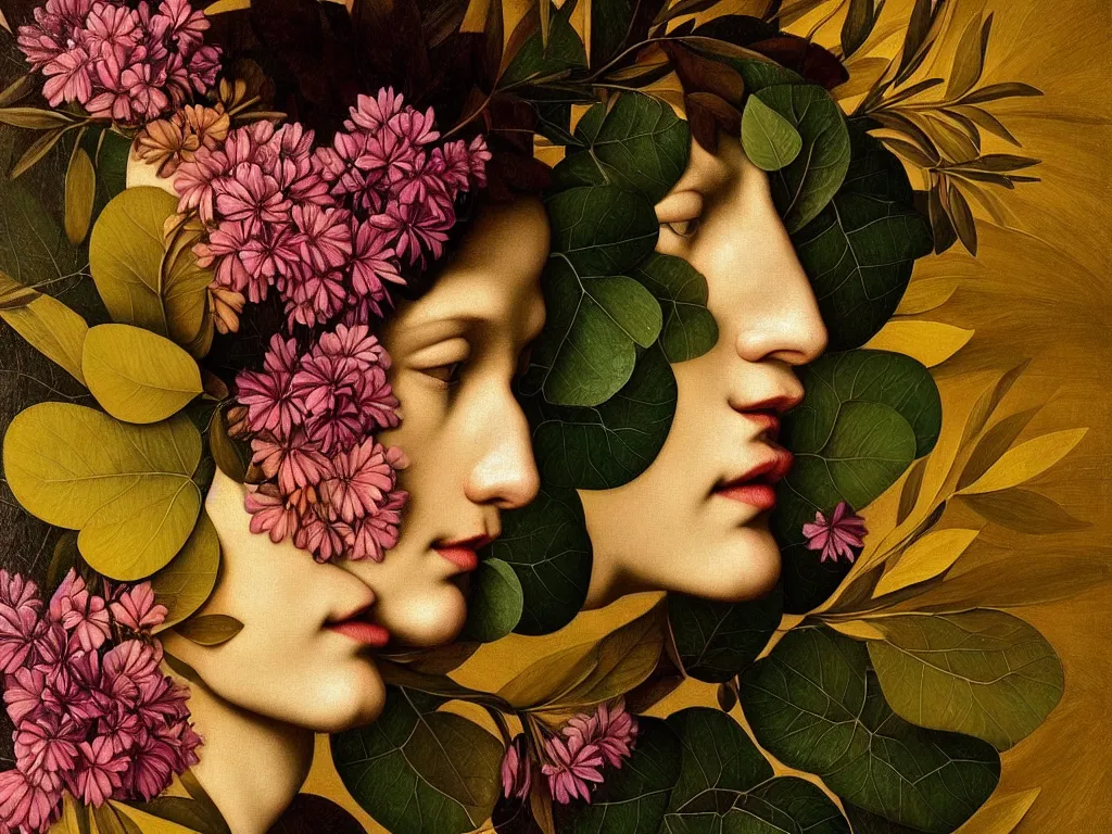 Image similar to hyperrealistic still life portraita womans face in profile, made of flowers and leaves, sacred geometry, light refracting through prisms in a tesseract, by caravaggio, botanical print, surrealism, vivid colors, serene, golden ratio, rule of thirds, negative space, minimalist composition