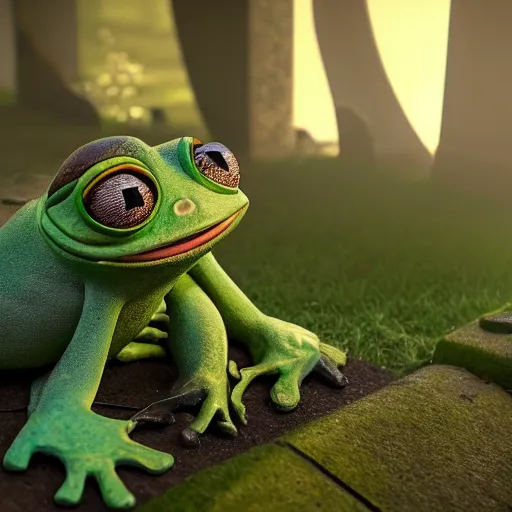 Prompt: pepe the frog and their mother in a graveyard, soft surface texture, photo, soft sun lights, 4 k, high detailed photography result, 5 0 mm lens, rich deep colors, smooth gradients, depth of field, cinematic, hyper realism, high detail, octane render, unreal engine 5, 8 k, vibrant colors