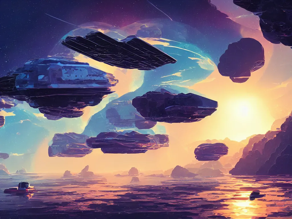 Image similar to minimalist floating asteroid mining colony by alena aenami, petros afshar