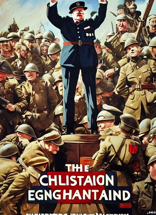 Prompt: winston churchill captain england standing on a pile of defeated, beaten and broken german soldiers. captain england wins wwii. brittish wwii propaganda poster by james gurney and pixar. overwatch.