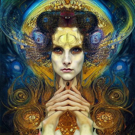 Image similar to Divine Chaos Engine by Karol Bak, Jean Deville, Gustav Klimt, and Vincent Van Gogh, beautiful visionary mystical portrait, sacred, otherworldly, fractal structures, ornate gilded medieval icon, third eye, spirals