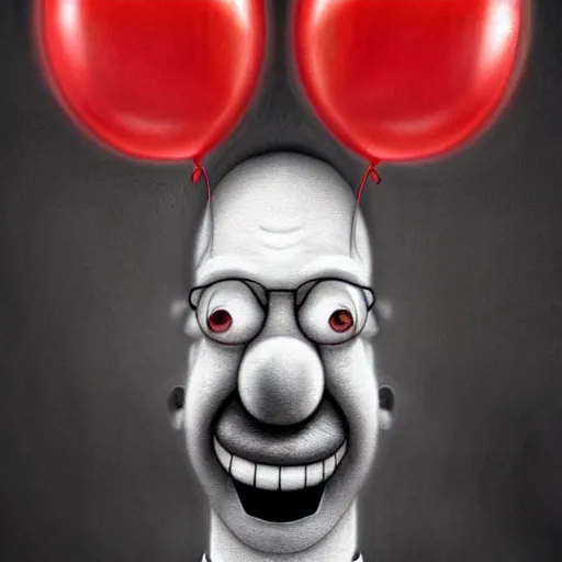 Prompt: surrealism grunge cartoon portrait sketch of clown with a wide smile and a red balloon by - michael karcz, loony toons style, homer simpson style, horror theme, detailed, elegant, intricate