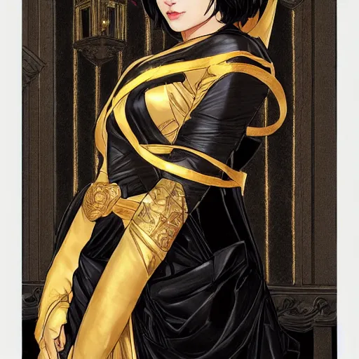 Prompt: cassandra cain in a black and gold wedding dress at her wedding ceremony, decorated ornate chapel, cg animation, riot entertainment, arcane, realistic, character select portrait, by artgerm, greg rutkowski, alphonse mucha, 3 d