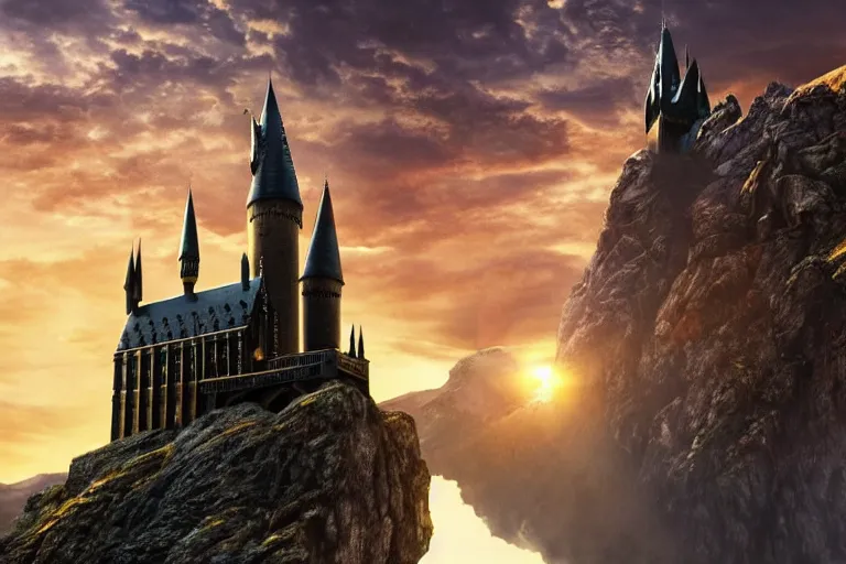 Image similar to Harry potter looking down to Hogwarts, happy after a long fight, photo-realistic, golden hour, epic