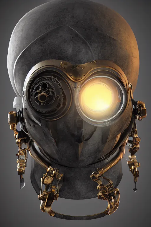 Image similar to steampunk mask minimalist fantasy art robot ninja helmet, global illumination ray tracing hdr fanart arstation by sung choi and eric pfeiffer and gabriel garza and casper konefal radiating a glowing aura