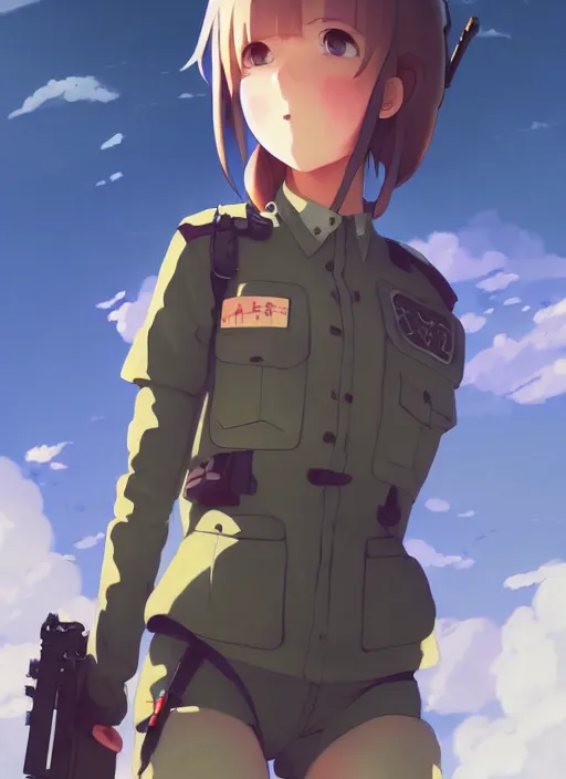 Image similar to portrait of cute pilot girl, smoky sky background, lush landscape, illustration concept art anime key visual trending pixiv fanbox by wlop and greg rutkowski and makoto shinkai and studio ghibli and kyoto animation, soldier clothing, military gear, airplane robot, war machine, sky girls series