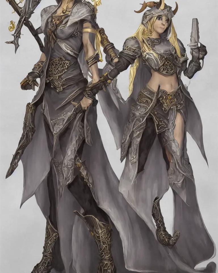 Prompt: female character concept art of tiefling cleric gunslinger holding fantasy gun wearing a nun veil with demon horns on top, full body, grey skin, fine detailed painting, demon tail, blue cleric priestess robe with golden embroidery, final fantasy character art style, game character design, dark fantasy