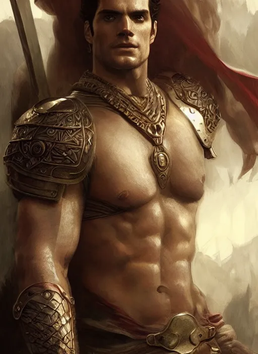 Image similar to Henry Cavill as a warrior, upper body, D&D, muscular, thighs, fantasy, intricate, elegant, highly detailed, digital painting, artstation, concept art, smooth, sharp focus, illustration, art by artgerm and greg rutkowski and alphonse mucha