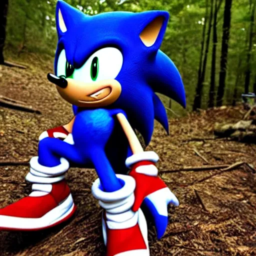 Prompt: sonic the hedgehog sitting in the woods on a camping trip