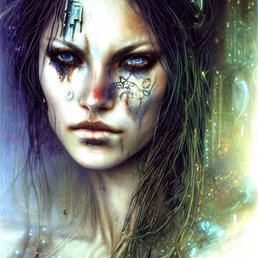 Image similar to an award finning closeup facial portrait by luis royo and john howe of a very beautiful and attractive female bohemian cyberpunk traveller aged 2 5 with green eyes and freckles in clothed in excessively fashionable cyberpunk gear and wearing ornate warpaint