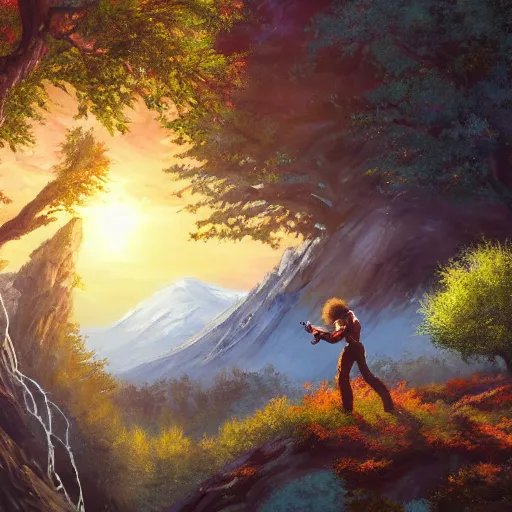 Prompt: a closeup photorealistic photograph of bob ross diligently finishing a canvas painting featuring iron man on the canvas. mountains and trees. film still. brightly lit scene. this 4 k hd image is trending on artstation, featured on behance, well - rendered, extra crisp, features intricate detail, epic composition and the style of unreal engine.