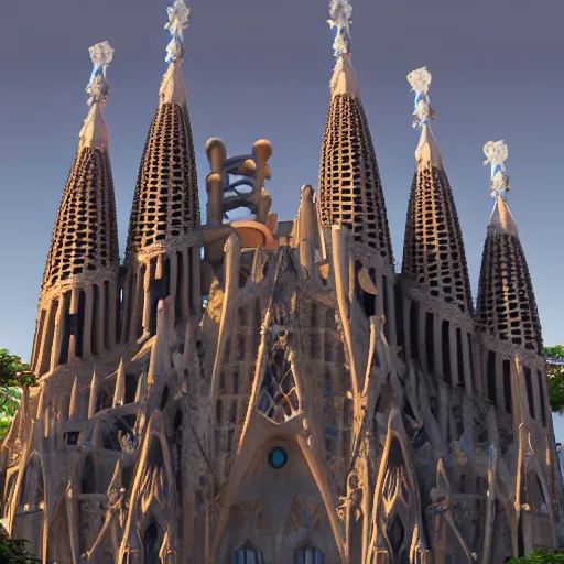 Image similar to finished version of sagrada familia by Gaudí, 4k, unreal engine, light particles, artstation