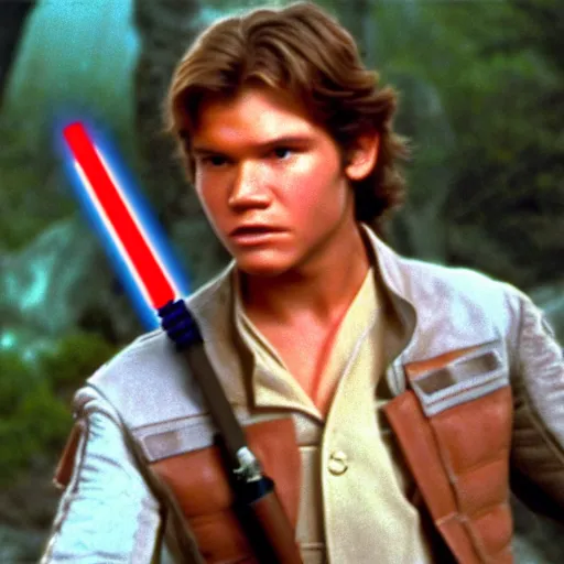 Image similar to A full color still from a film of a teenage Han Solo as a Jedi padawan holding a lightsaber hilt, from The Phantom Menace, directed by Steven Spielberg, 35mm 1990