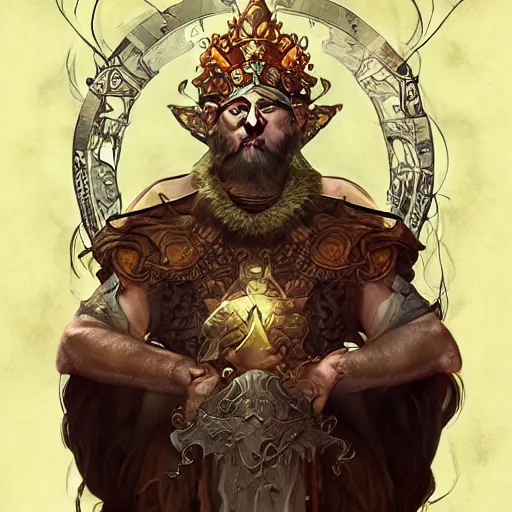 Prompt: Epic viking king, divine, symmetrical, , portrait, digital painting, Peter Mohrbacher, Alphonse Mucha, Brian Froud, Yoshitaka Amano, Kim Keever, Victo Ngai, James Jean