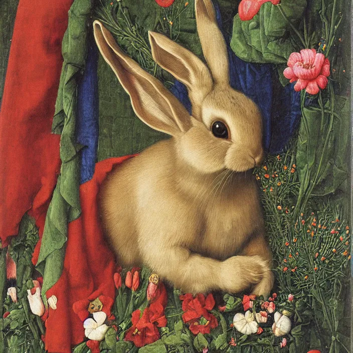 Prompt: a rabbit wearing a cloak of flowers, in a swimming pool, by jan van eyck