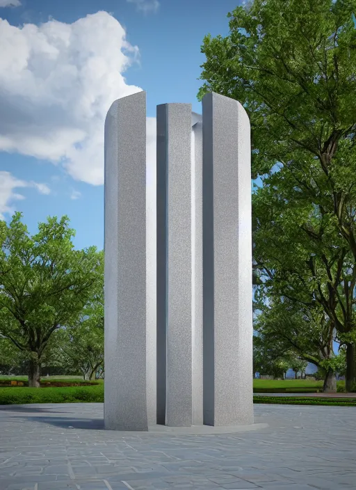 Image similar to highly detailed realistic architecture 3 d render of a futurisctic stele made from silver coins standing in a city park, archdaily, made in unreal engine 4 octane render