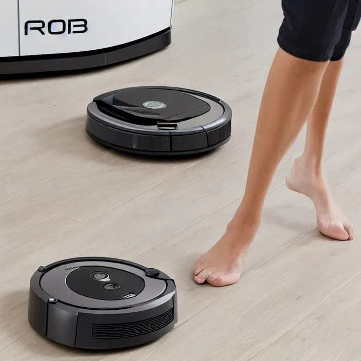 Prompt: A Roomba with 4 long robotic legs, 3D product advertising, 3D professional advertising, studio quality