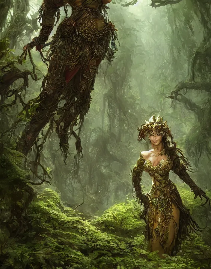 Prompt: a woman tree druid with fern clothing, fully clothed, two arms, standing in front of a sprawling forest temple, D&D, fantasy, intricate, cinematic lighting, highly detailed, digital painting, artstation, concept art, smooth, sharp focus, illustration, art by Justin Gerard