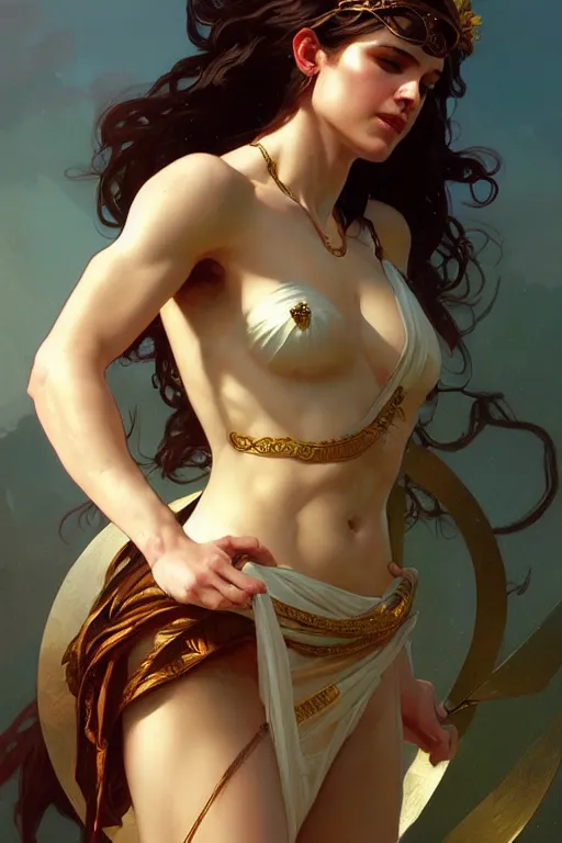 Image similar to Kelly Sue Deconnick as a beautiful Greek Goddess, gorgeous, amazing, fit, very feminine body, intricate, highly detailed, digital painting, artstation, concept art, sharp focus, illustration, art by greg rutkowski and alphonse mucha