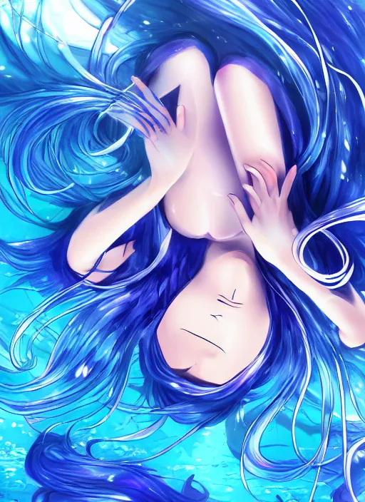 Image similar to a woman with blue hair sitting underwater, a beautiful anime drawing by yuumei, featured on pixiv, rayonism, pixiv, seapunk, very anime anime!! detailed